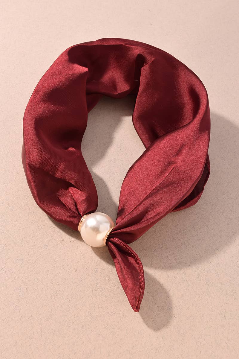 Oversized Pearl Magnetic Accent Satin Necklace Scarf: Burgundy