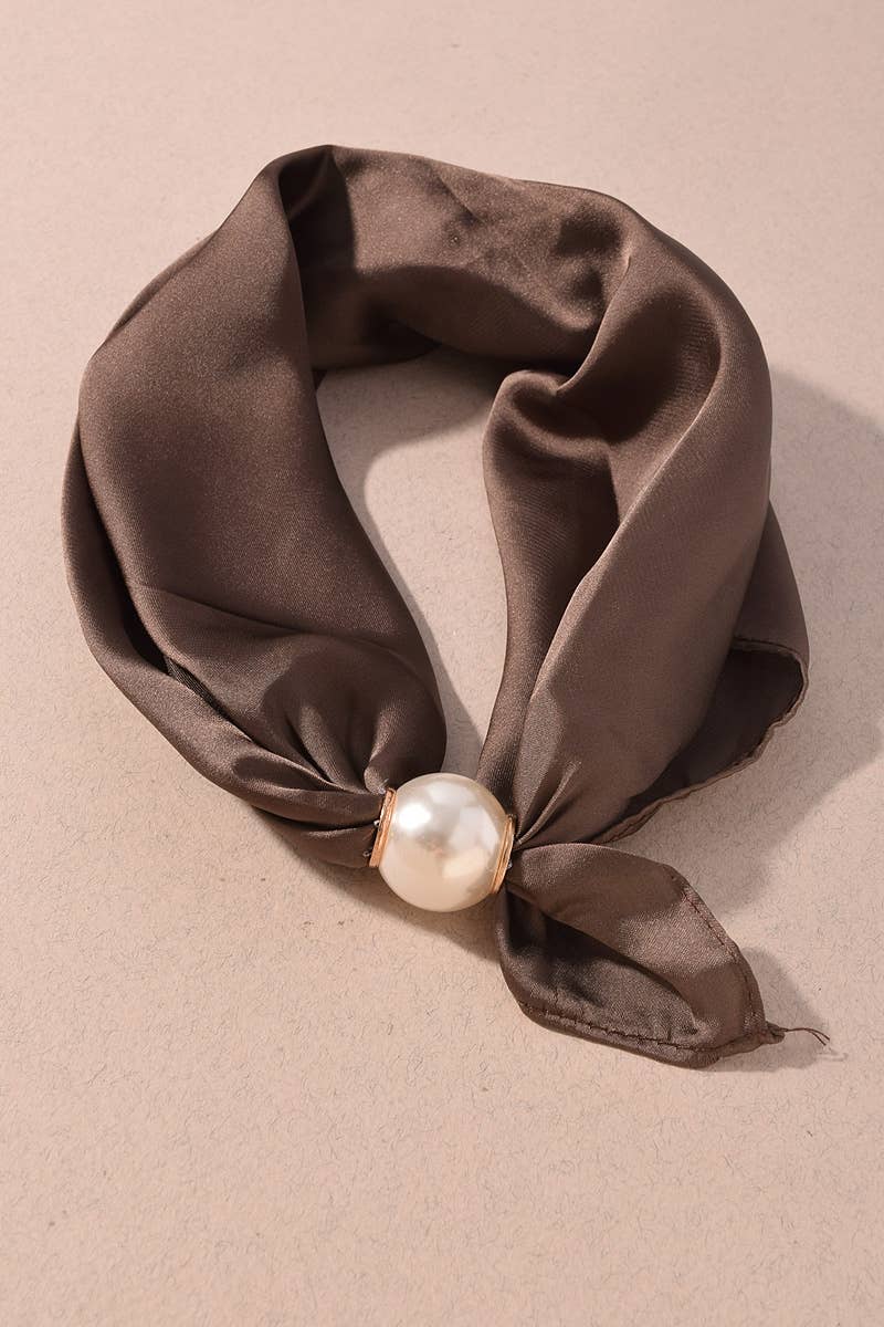 Oversized Pearl Magnetic Accent Satin Necklace Scarf: Mocha