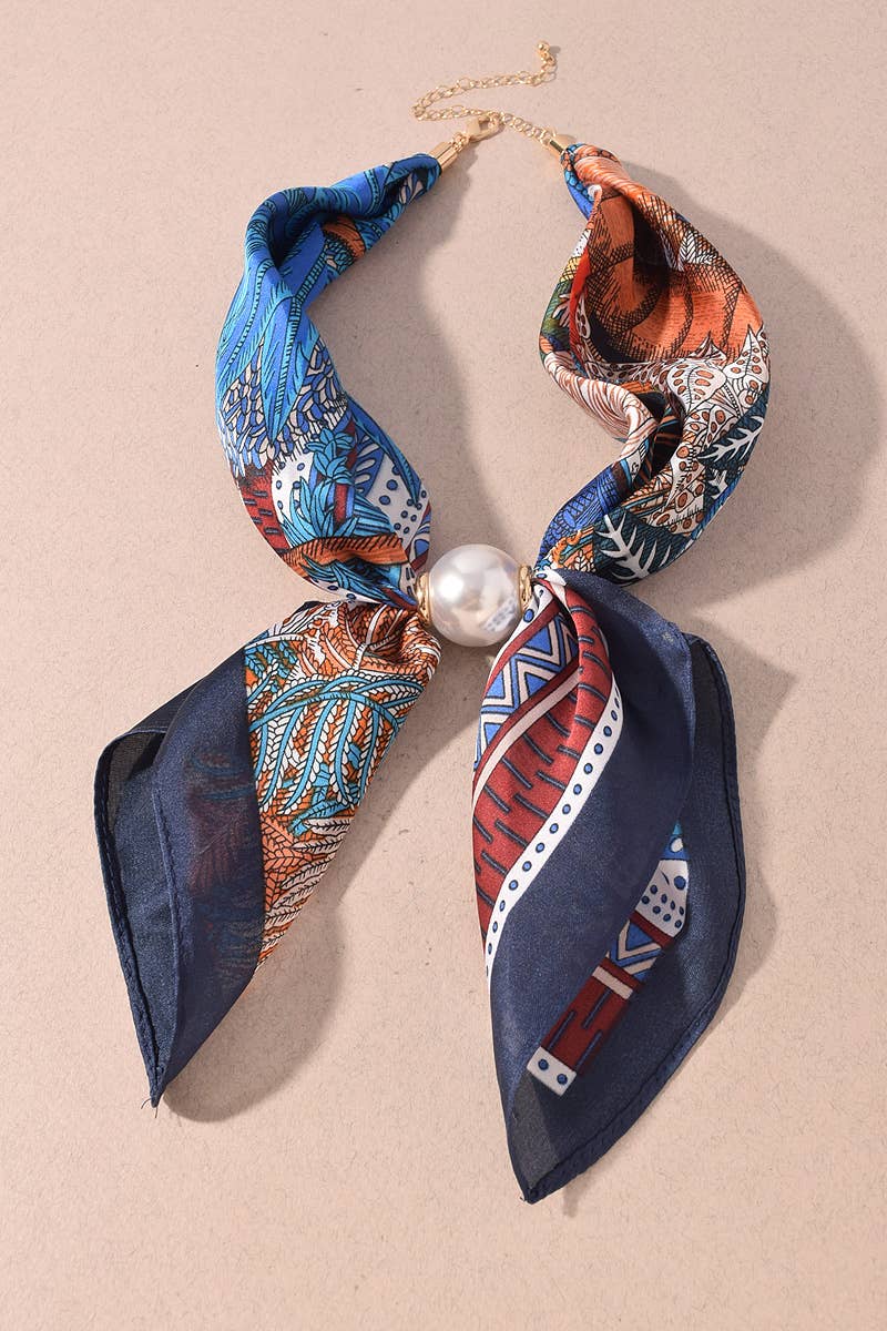 Printed Scarf & Oversized Pearl Statement Necklace : Navy