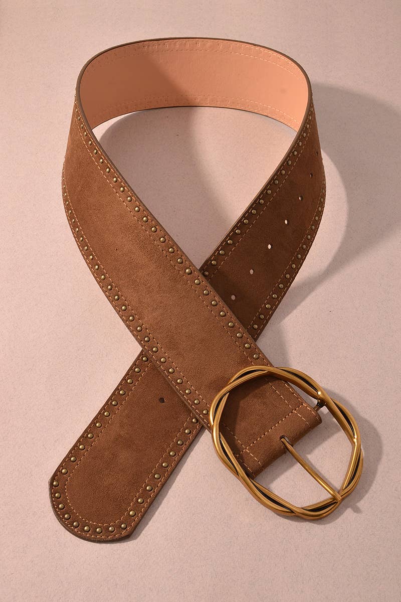 Suede Wide Belt with Oversized Twisted Buckle: Brown