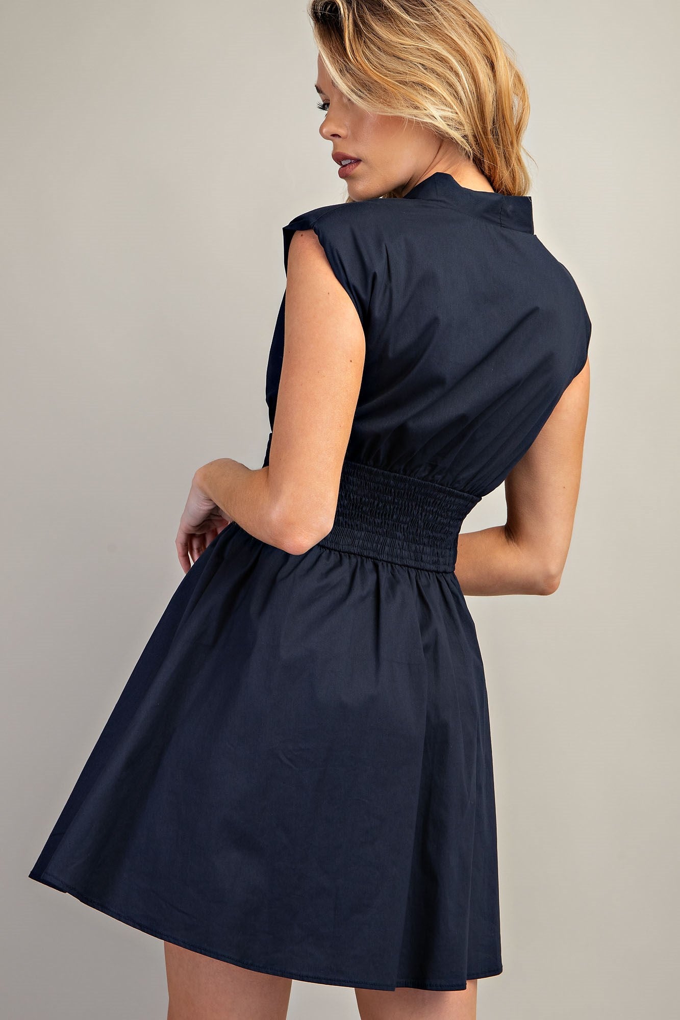 V-Neck Smocked Front Zip A-Line Dress - Navy-GracieJeanBoutique