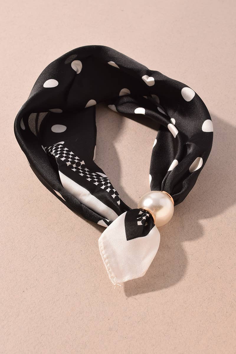 Polka Dot Magnetic Scarf Necklace with Pearl Accent: Black