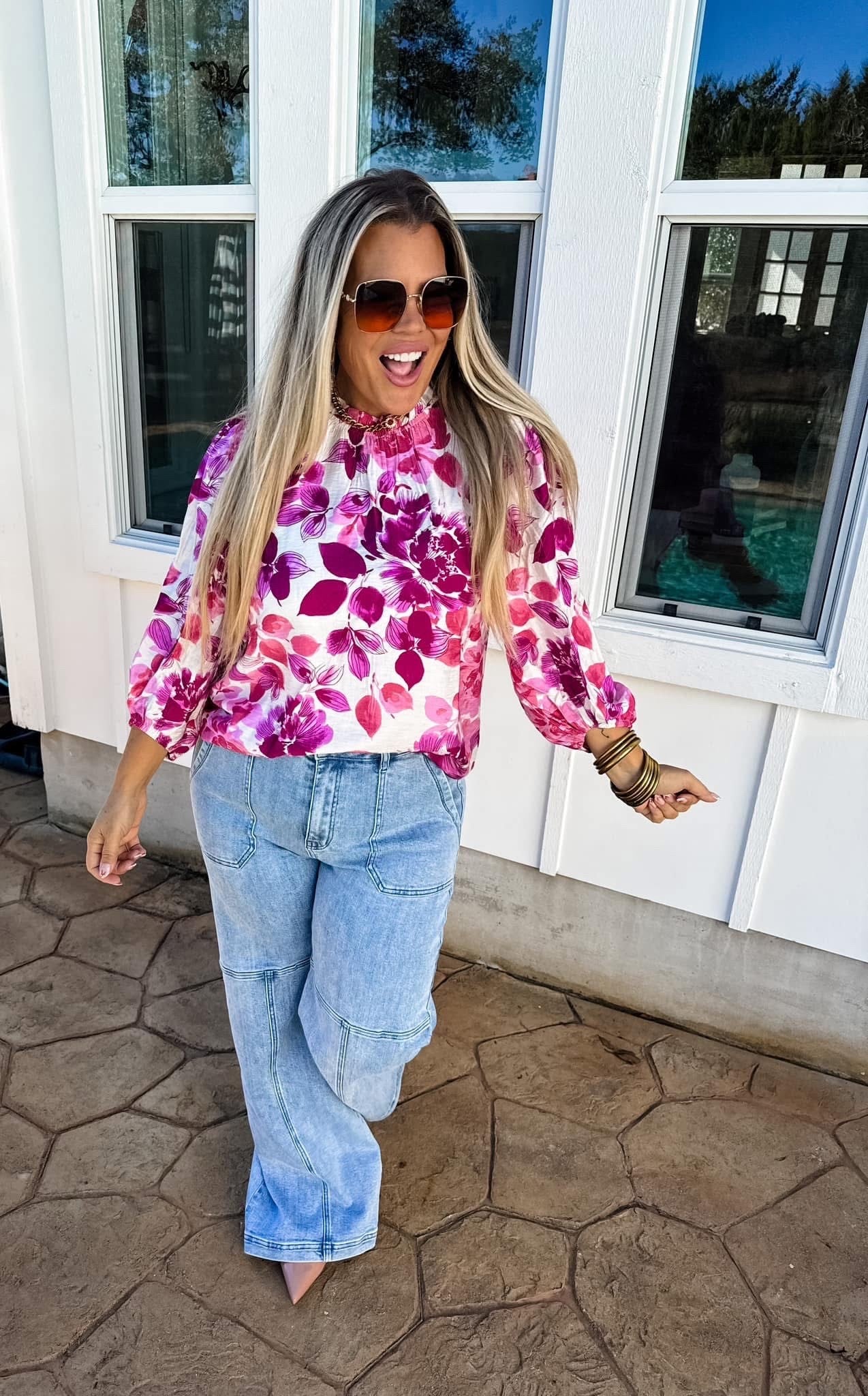 Abigail Floral Bubble Sleeve Top - Pink/Magenta