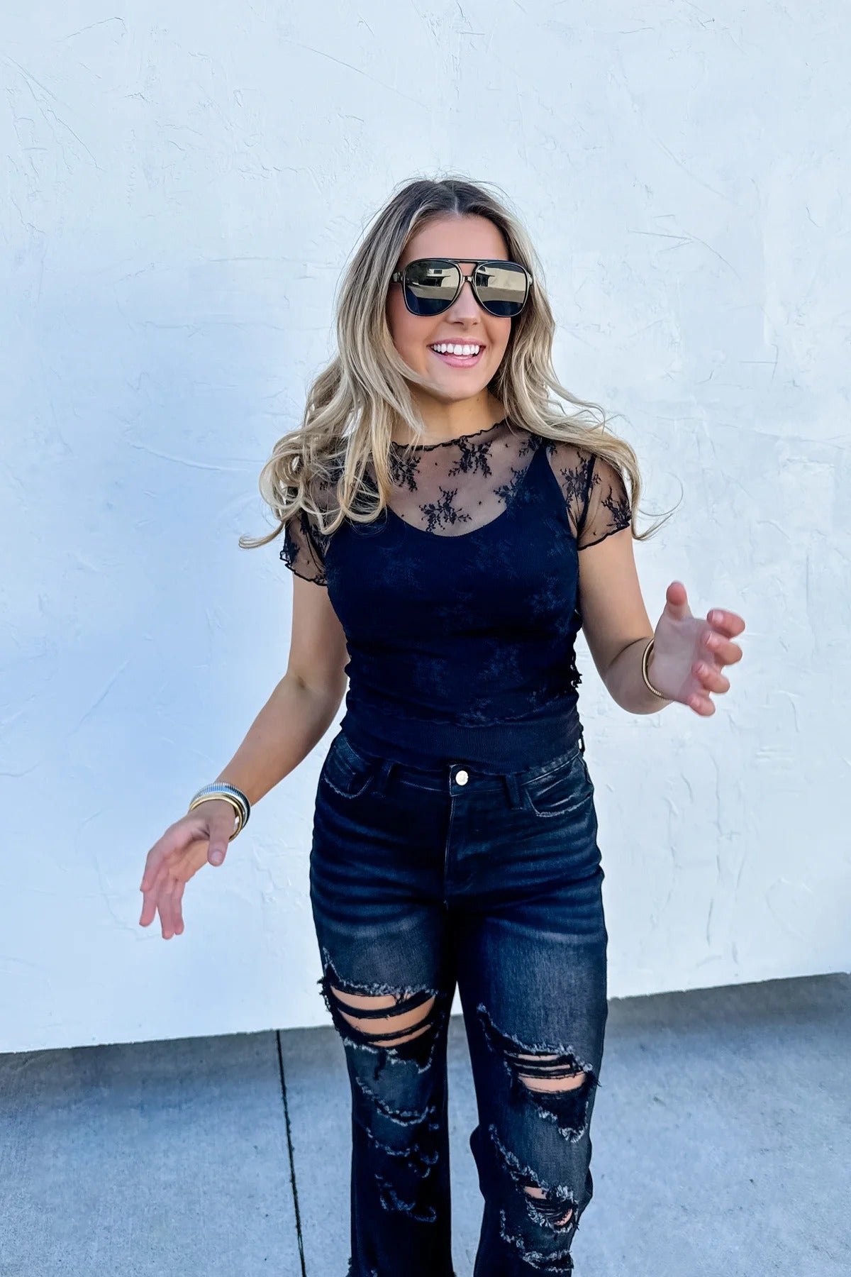Alle Short Sleeve Lace Top - Black