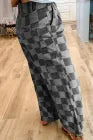 Dark Grey/Black Checkered Denim Wide Leg Jeans
