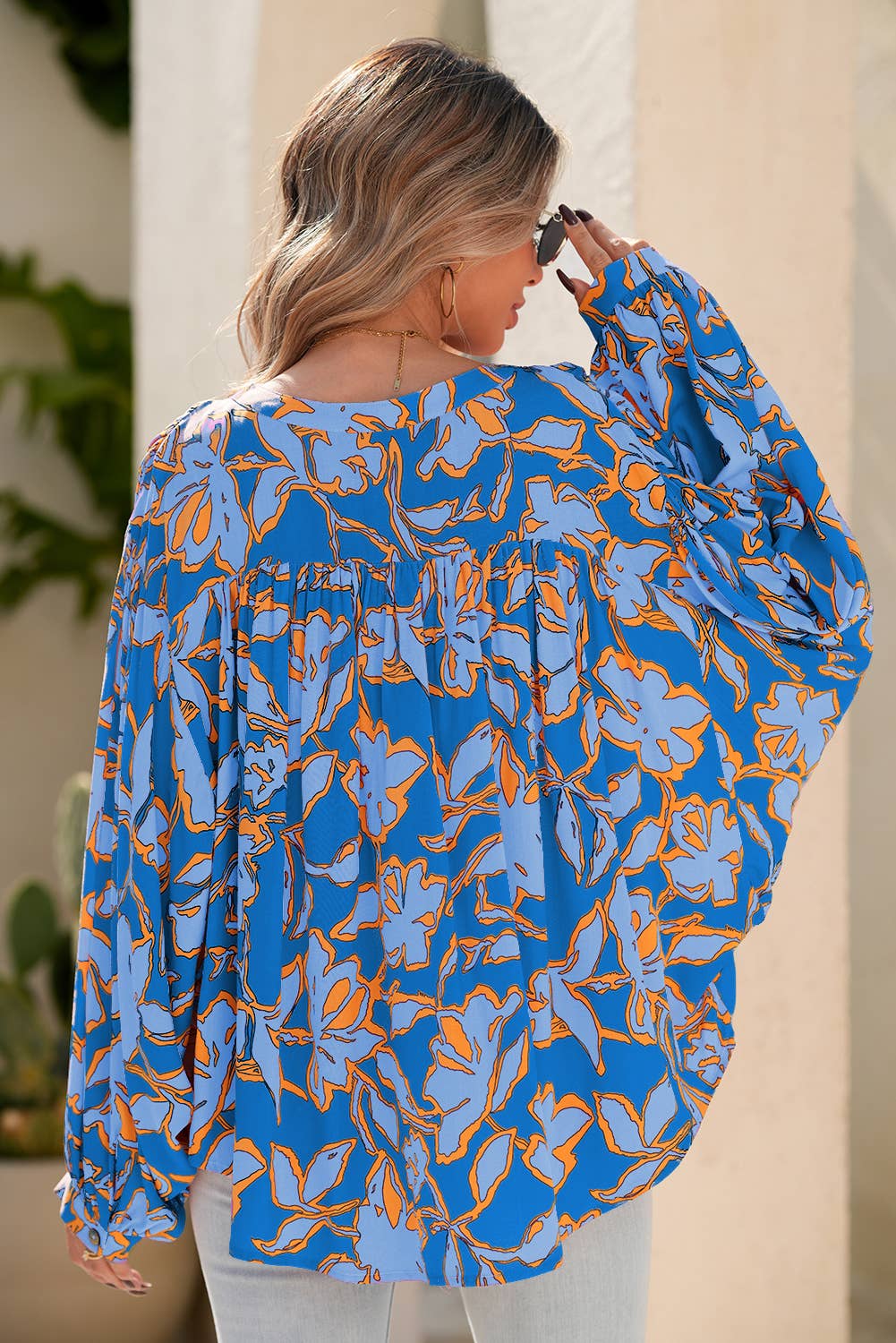 Floral Print Batwing Sleeve Buttoned Loose Fit Shirt