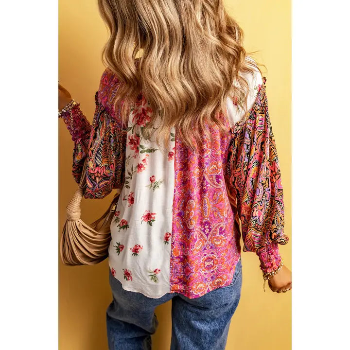 Floral Patchwork Shirred Cuff Buttoned V Neck Blouse