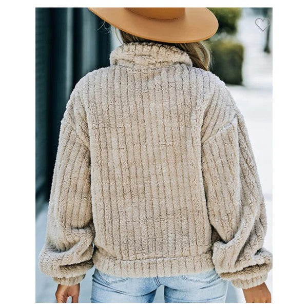 Khaki Plush Fleece Button Up Jacket