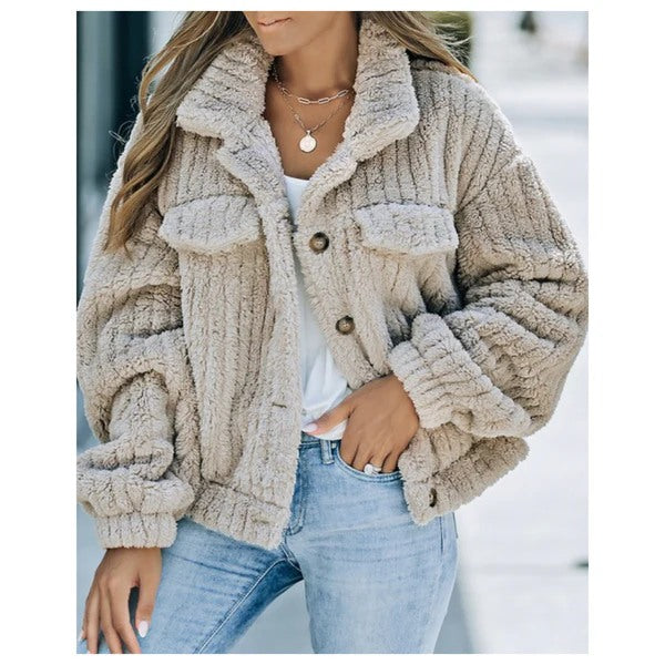 Khaki Plush Fleece Button Up Jacket