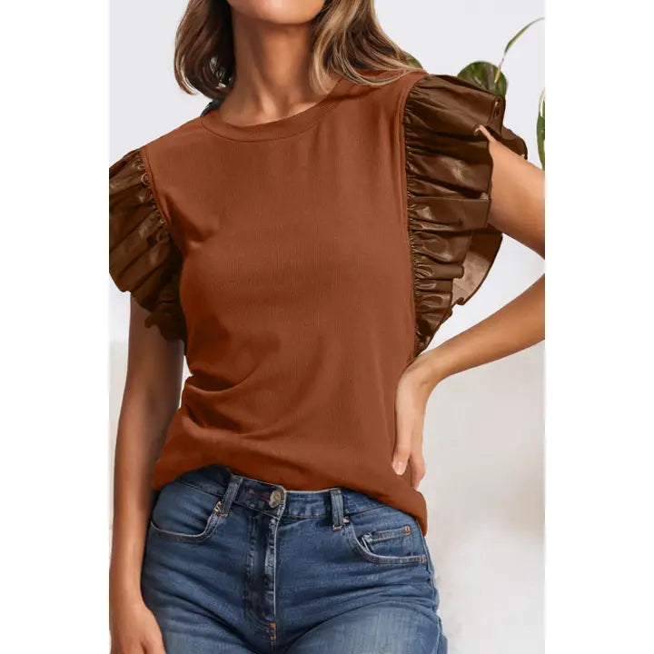 Leather Ruffle Sleeve - Brown