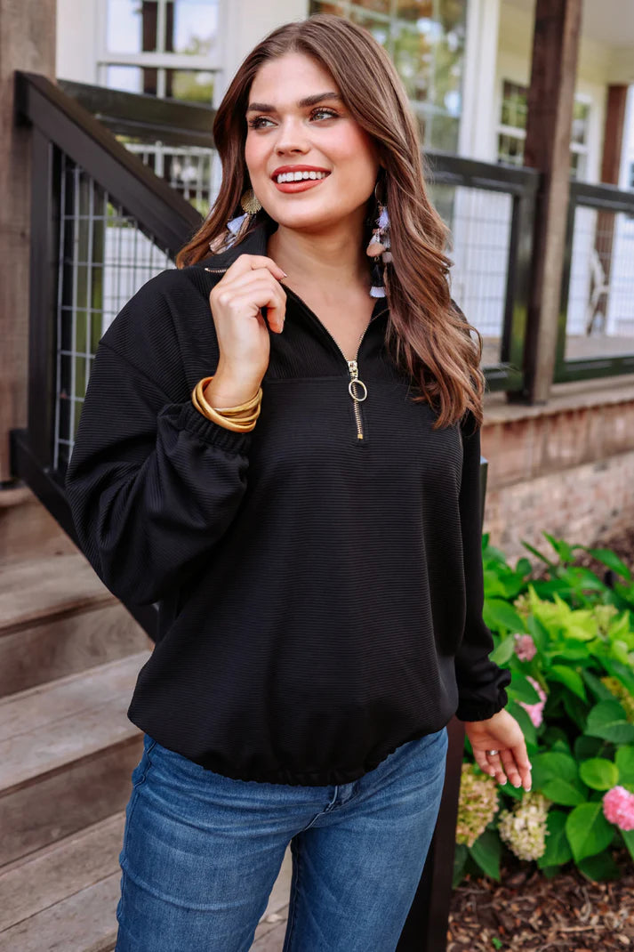 Levi Ribbed Black Quarter Zip Pullover