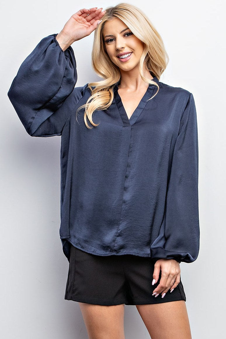 Long Sleeve Satin Top - Navy