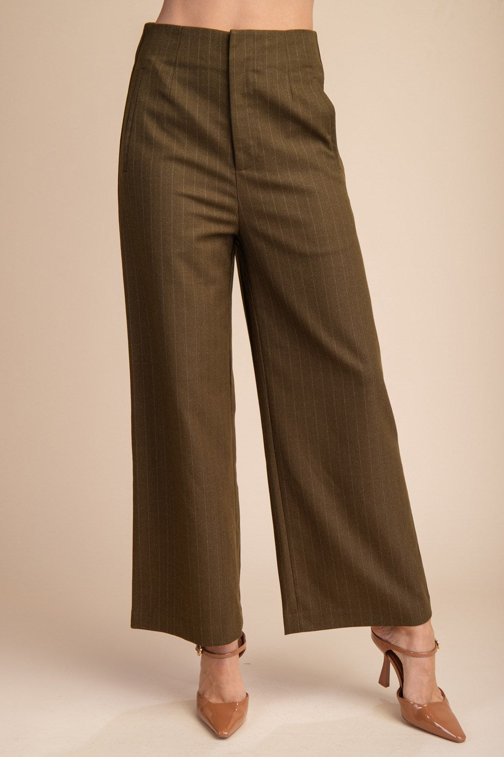 High Waist Side Pocket Stripe Pants - Olive