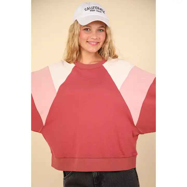 Color Block Raglan Sleeve Comfy Knit Sweat Shirt Top