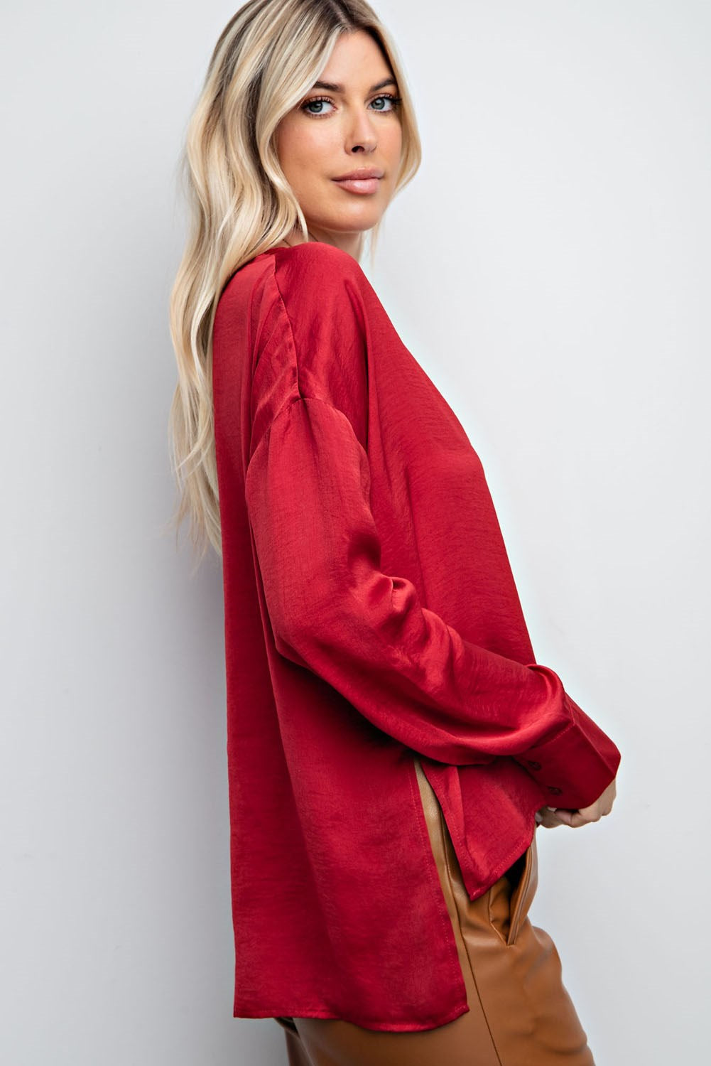 V-Neck Satin Top - Crimson