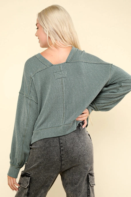 Two Tone Ribbed Oversized Soft Comfy Knit Top - Moss Green