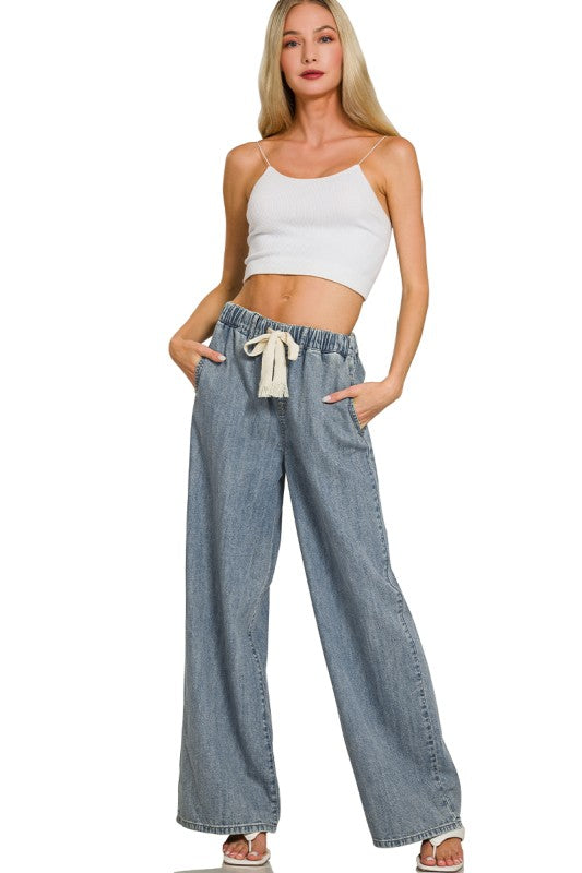 Wide Leg Drawstring Elastic Waistband Denim Pants