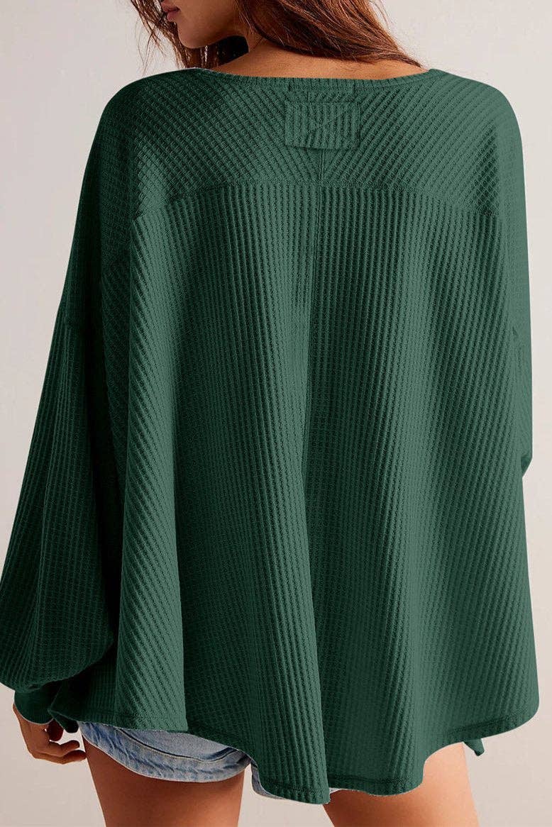 Waffle V-Neck Long Sleeve Blouse: Green
