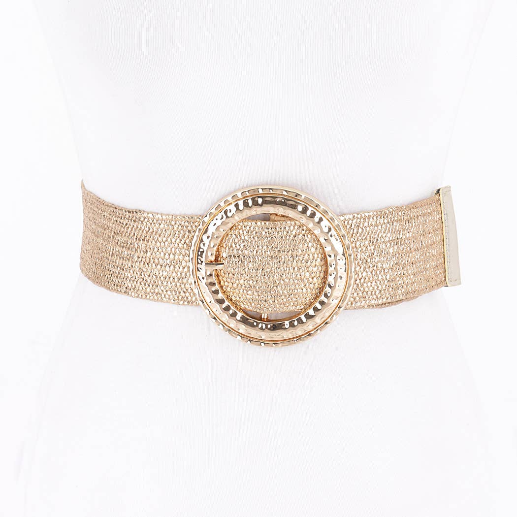 Hammered Metal Buckle Metallic Stretch Belt: Gold