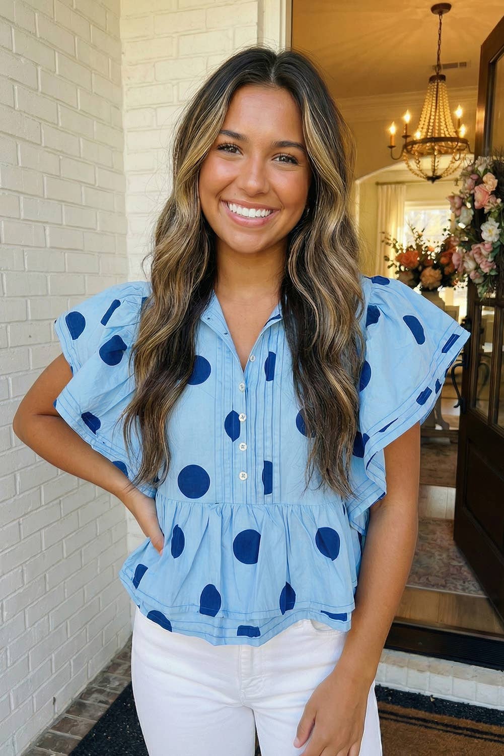 Polka Dot Print Ruffled Buttoned Collared Blouse