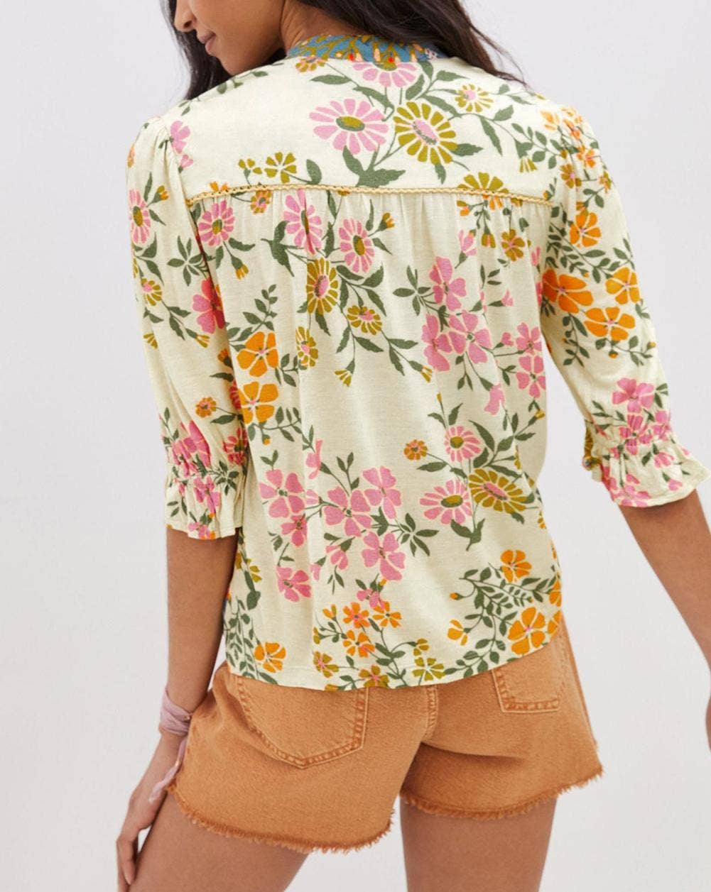 Crochet V Neck Half Sleeve Boho Floral Blouse: Multicolor