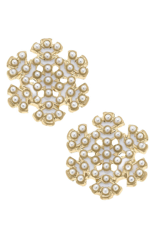 Pearl Studded Enamel Snowflake Stud Earrings in Ivory