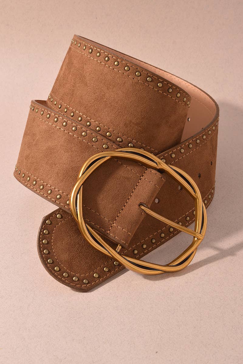 Suede Wide Belt with Oversized Twisted Buckle: Brown