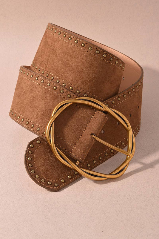 Suede Wide Belt with Oversized Twisted Buckle: Brown