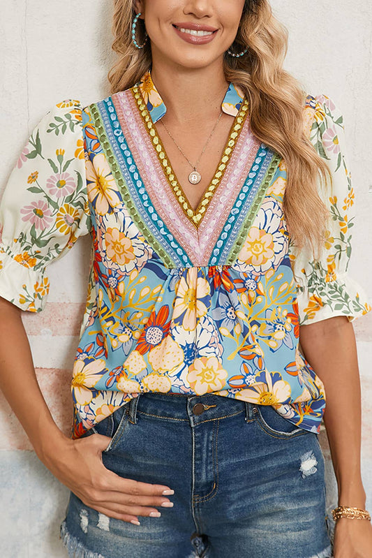 Crochet V Neck Half Sleeve Boho Floral Blouse: Multicolor