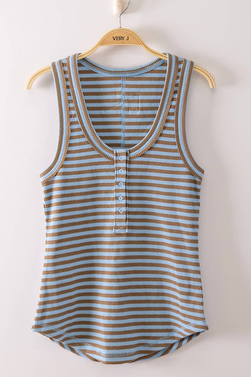 Striped Button Down Fitted Knit Tank Top: SKY/MOCHA STRIPE