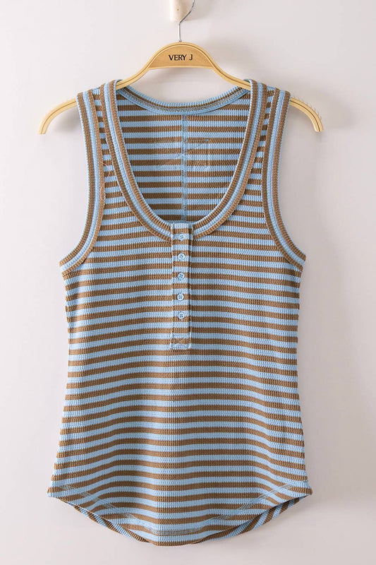 Striped Button Down Fitted Knit Tank Top: SKY/MOCHA STRIPE