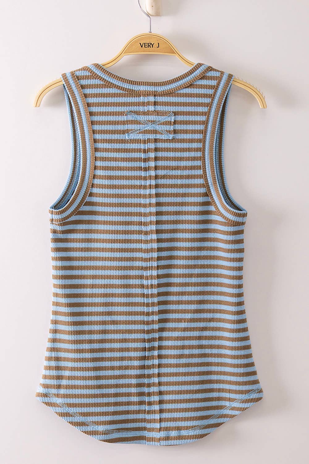 Striped Button Down Fitted Knit Tank Top: SKY/MOCHA STRIPE