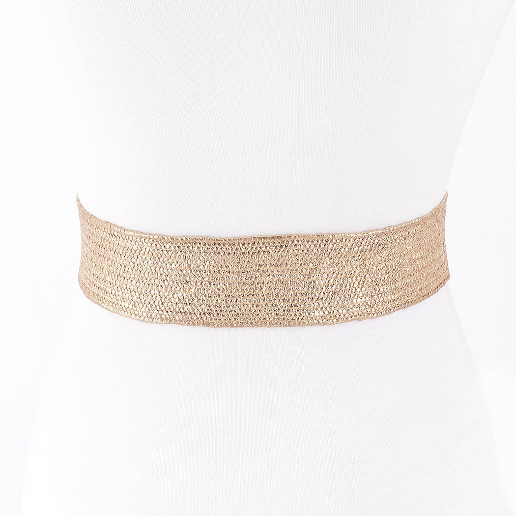 Hammered Metal Buckle Metallic Stretch Belt: Gold