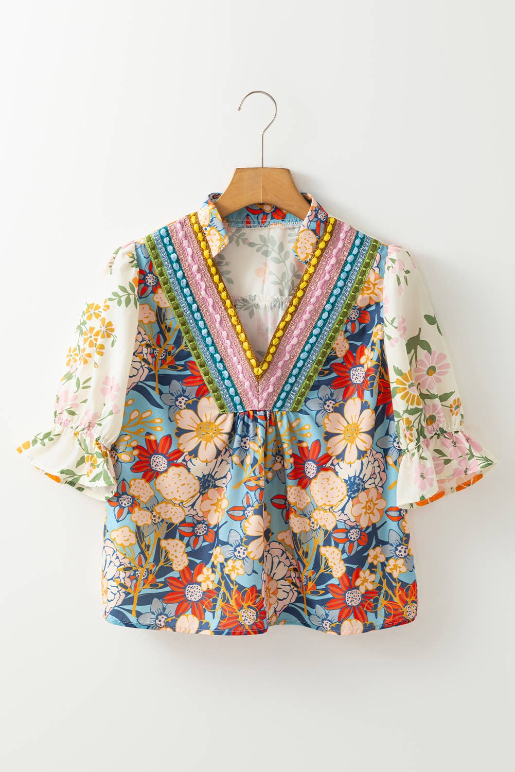 Crochet V Neck Half Sleeve Boho Floral Blouse: Multicolor