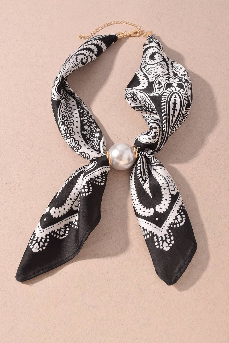 Printed Scarf & Oversized Pearl Statement Necklace : Black