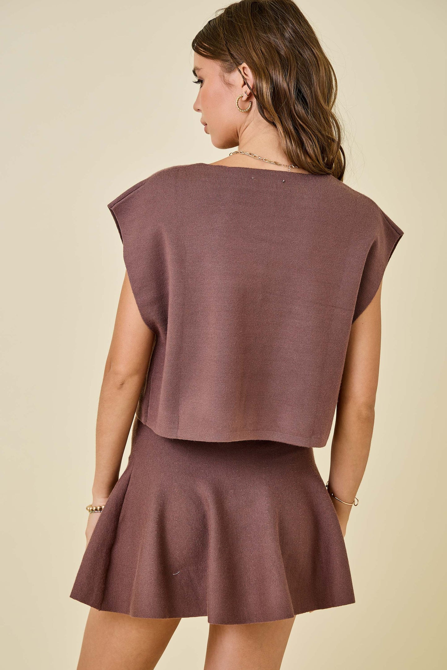 Sleeveless V-neck Sweater Top & Flared Skirt Set - Chocolate