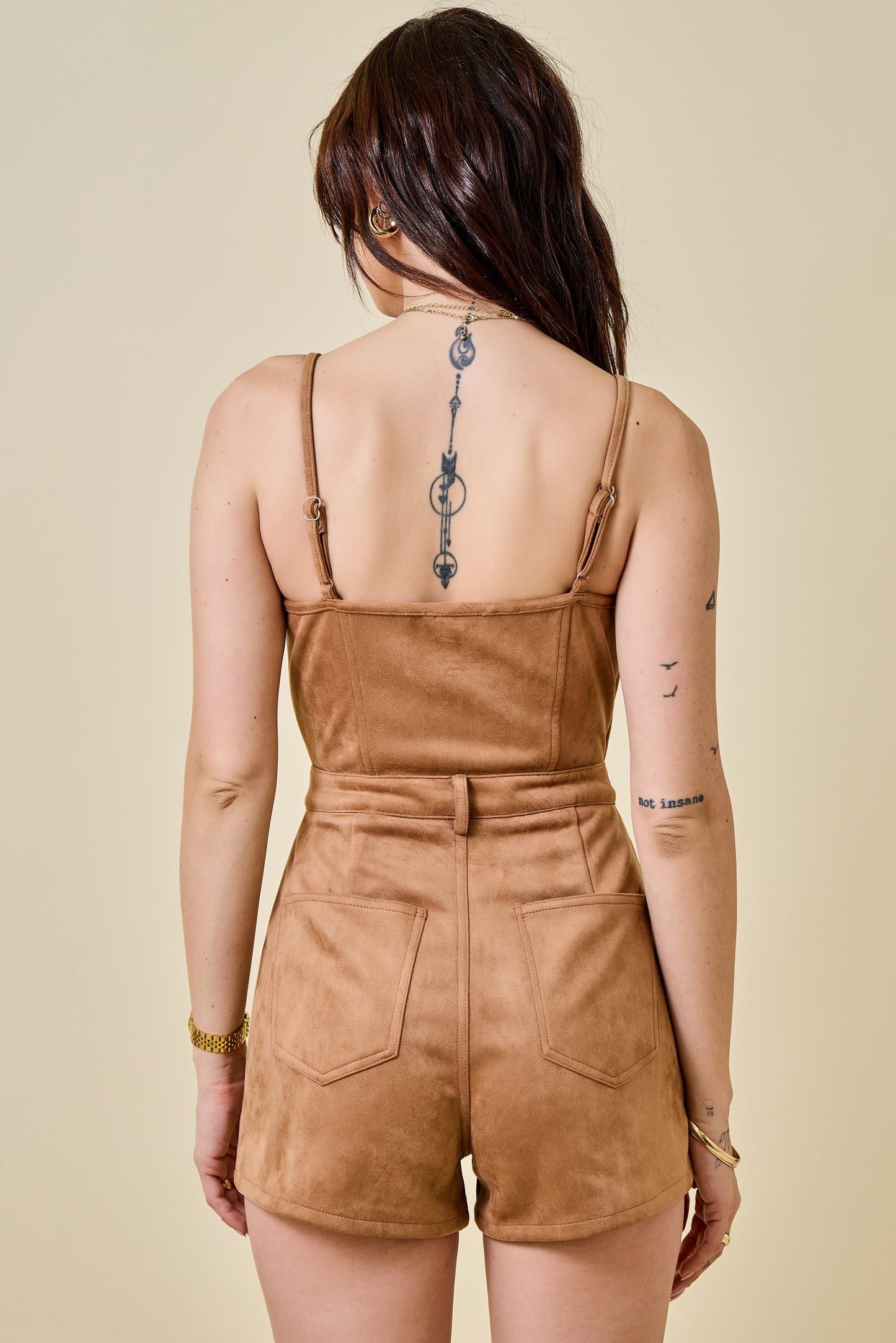 Suede Romper With Button Front And Pocket