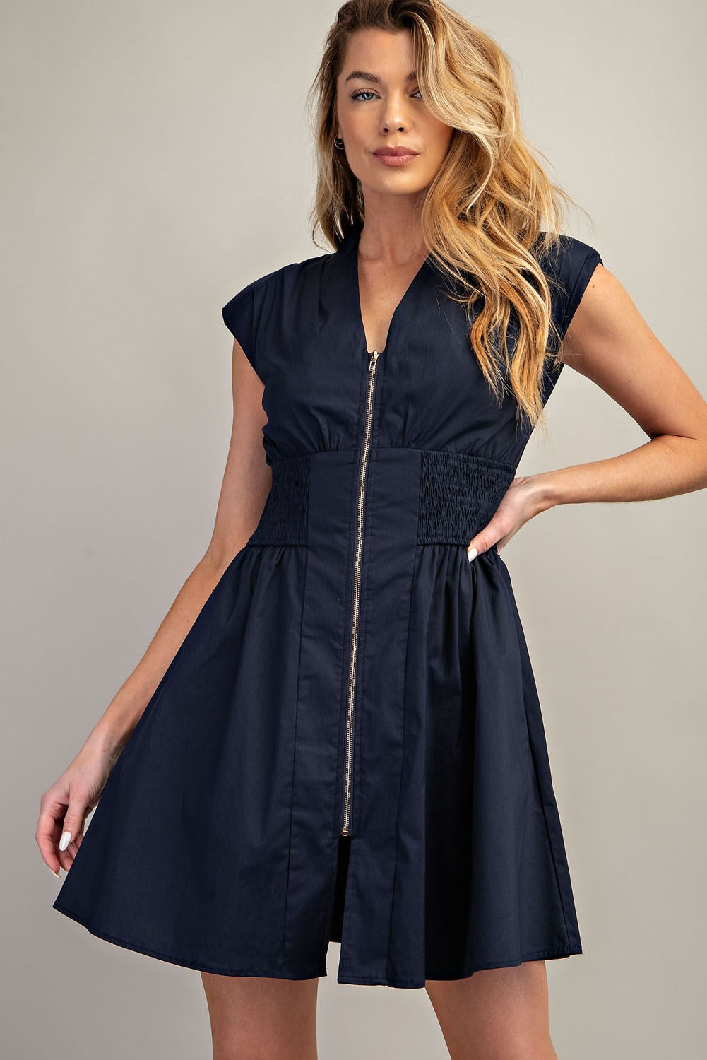 V-Neck Smocked Front Zip A-Line Dress - Navy