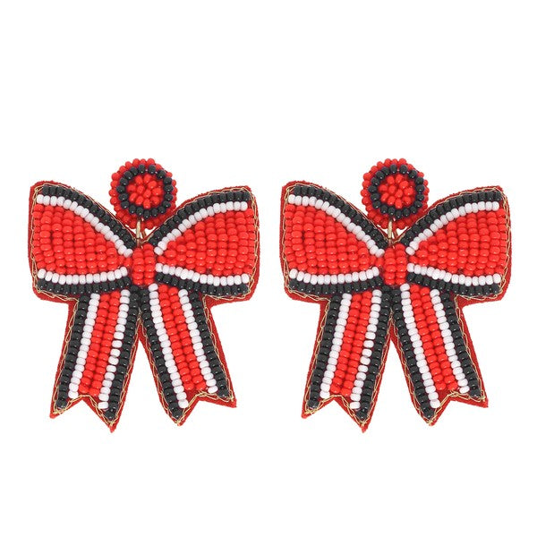 GAME DAY STRIPED BOW RIBBON BEADED EARRINGS