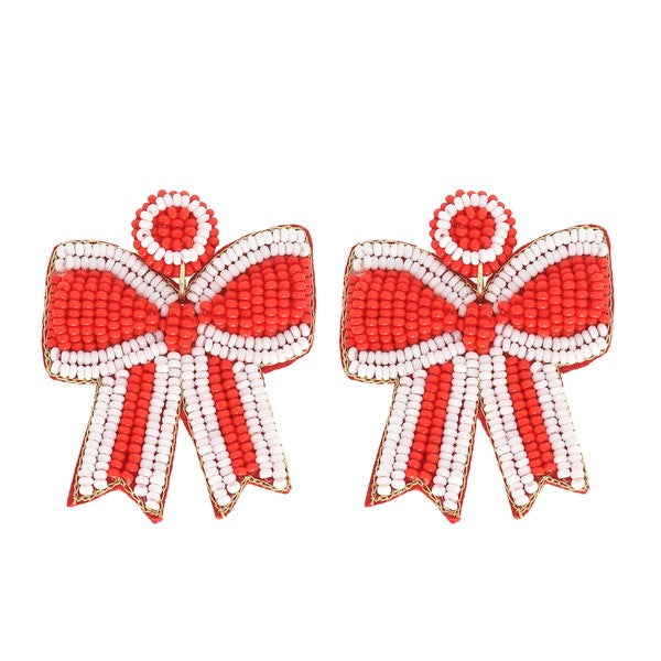 GAME DAY STRIPED BOW RIBBON BEADED EARRINGS