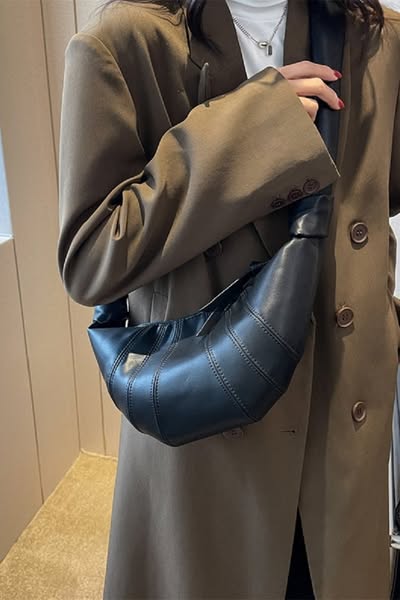 Vegan Leather Croissant Crossbody Shoulder Bag - Black or Ivory