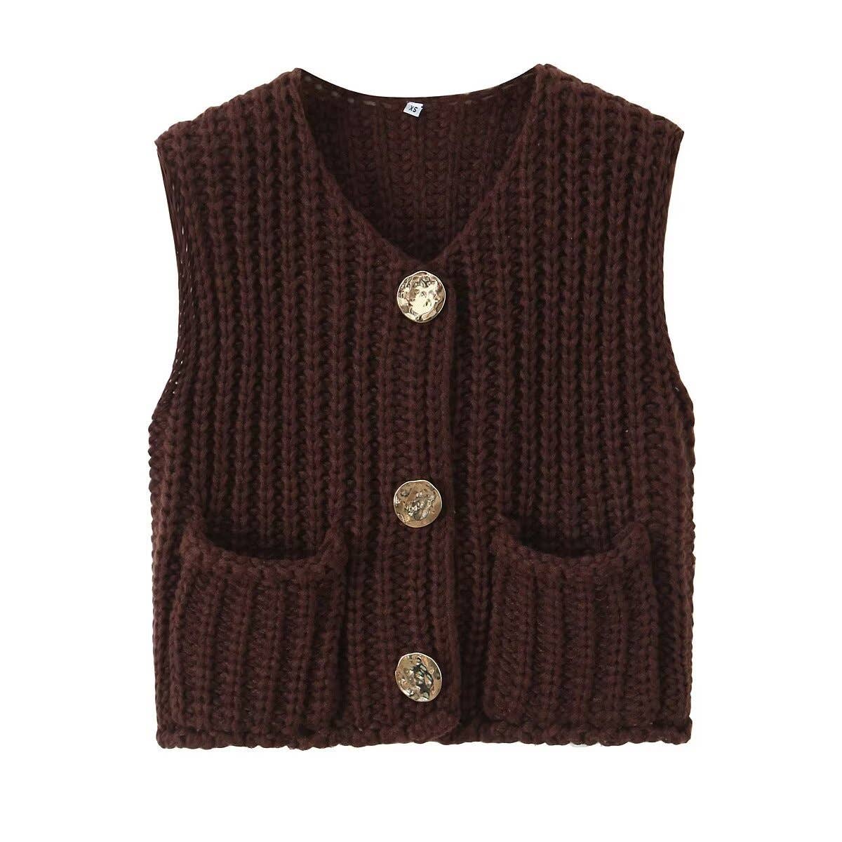 Sleeveless button chunky knitted vest - mom cropped - Chocolate