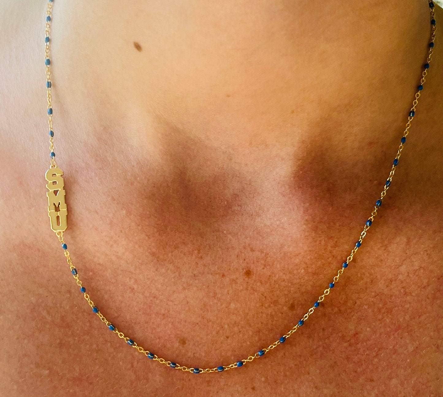 The College Logo Necklace: Side Set Logo on Enamel Bead Necklace: TCU