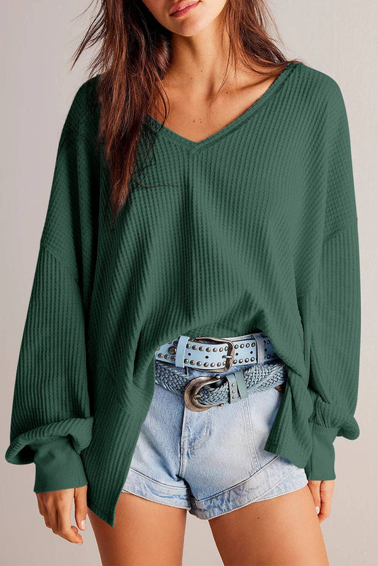 Waffle V-Neck Long Sleeve Blouse: Green