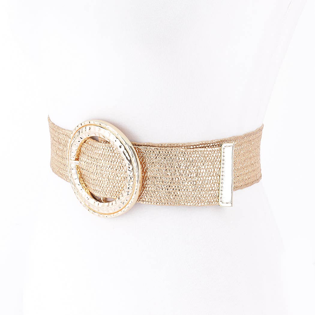 Hammered Metal Buckle Metallic Stretch Belt: Gold