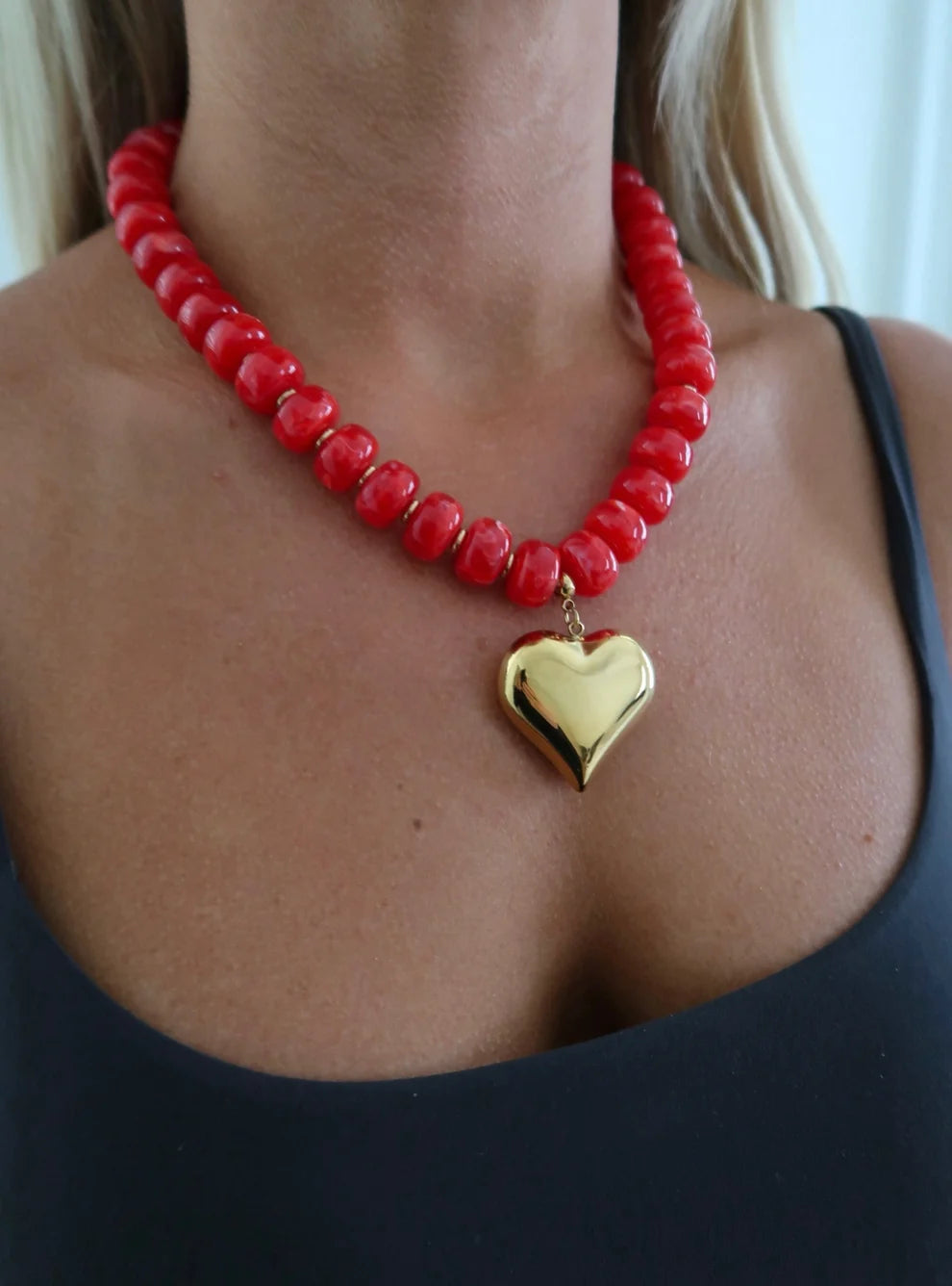 Red Heart Necklace - Beaded