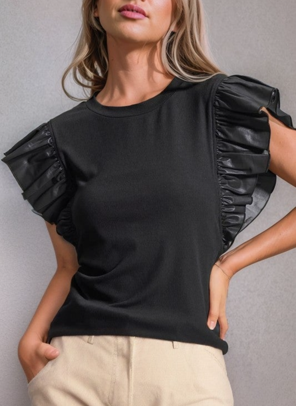 Leather Ruffle Sleeve-GracieJeanBoutique