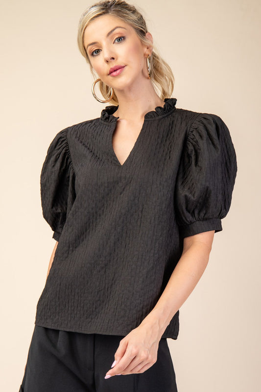 Ruffle V Neck Puff Sleeve - Black-GracieJeanBoutique