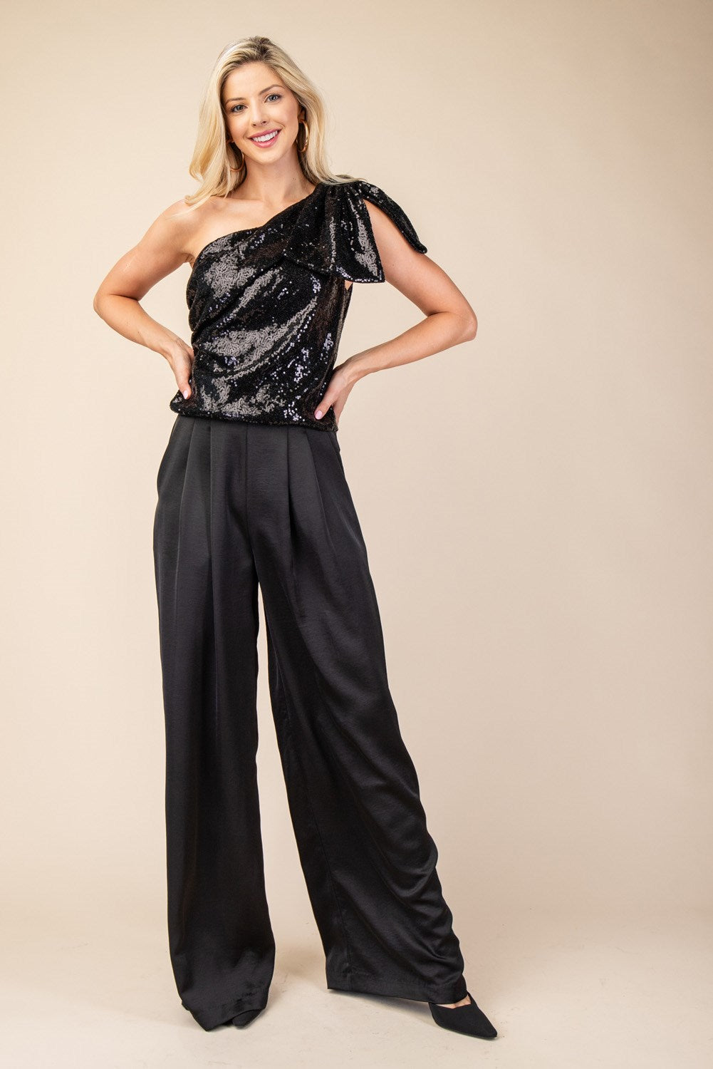 Pleated High-Waisted Wide Leg Pants - Black-GracieJeanBoutique