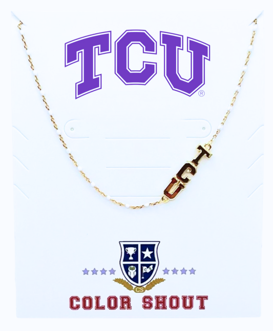 The College Logo Necklace: Side Set Logo on Enamel Bead Necklace: TCU